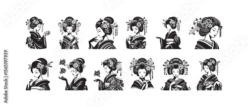 Japanese women in traditional attire with elaborate hairstyles geisha woman