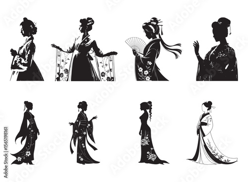 Japanese women in traditional kimonos with floral patterns clothing