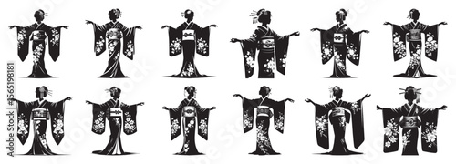Japanese women in traditional kimonos with floral patterns woman geisha