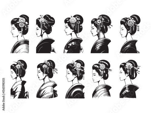 Japanese women kimonos hairstyles flowers vector
