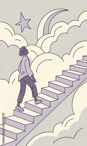 Person Ascending Staircase Towards Stars and Moon in Dreamy Cloudscape for Motivation Blogs, Self-Improvement Websites, Inspirational Content, and Spiritual Awareness  