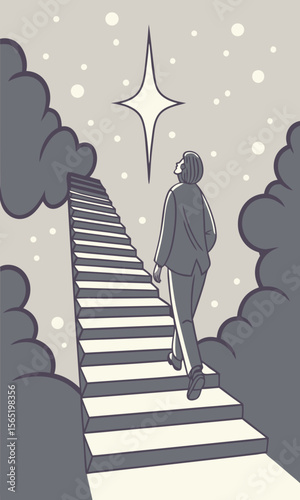Person Walking Up Staircase Toward a Star in a Dreamlike Background for Inspirational Blogs, Personal Growth Websites, Meditation Resources, and Self-Improvement Articles  