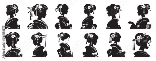 Japanese women silhouettes with ornate hairstyles and kimonos woman geisha