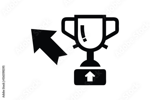 Black trophy icon with upward arrow indicating progress and achievement on a white background