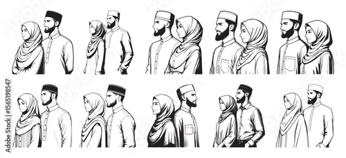 Muslim couple Islamic fashion traditional attire vector