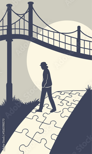 Man Walking on Puzzle Path Under Bridge with Moonlit Background for Blogs, Websites, Mental Health Awareness, Personal Growth Content, and Educational Materials  