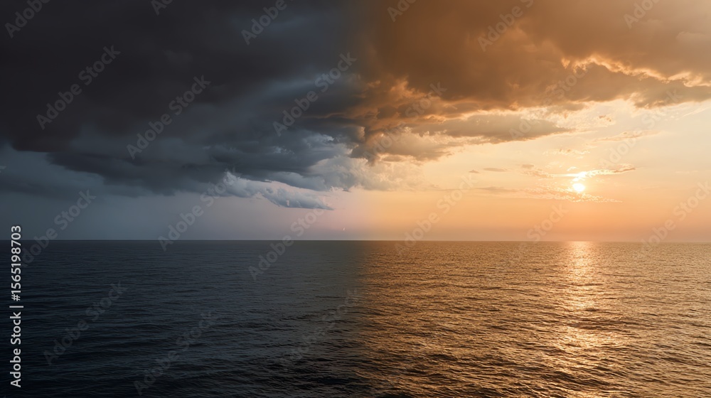 Obraz premium A dramatic seascape showing a sharp contrast between dark storm clouds and a golden sunset over calm ocean waters.