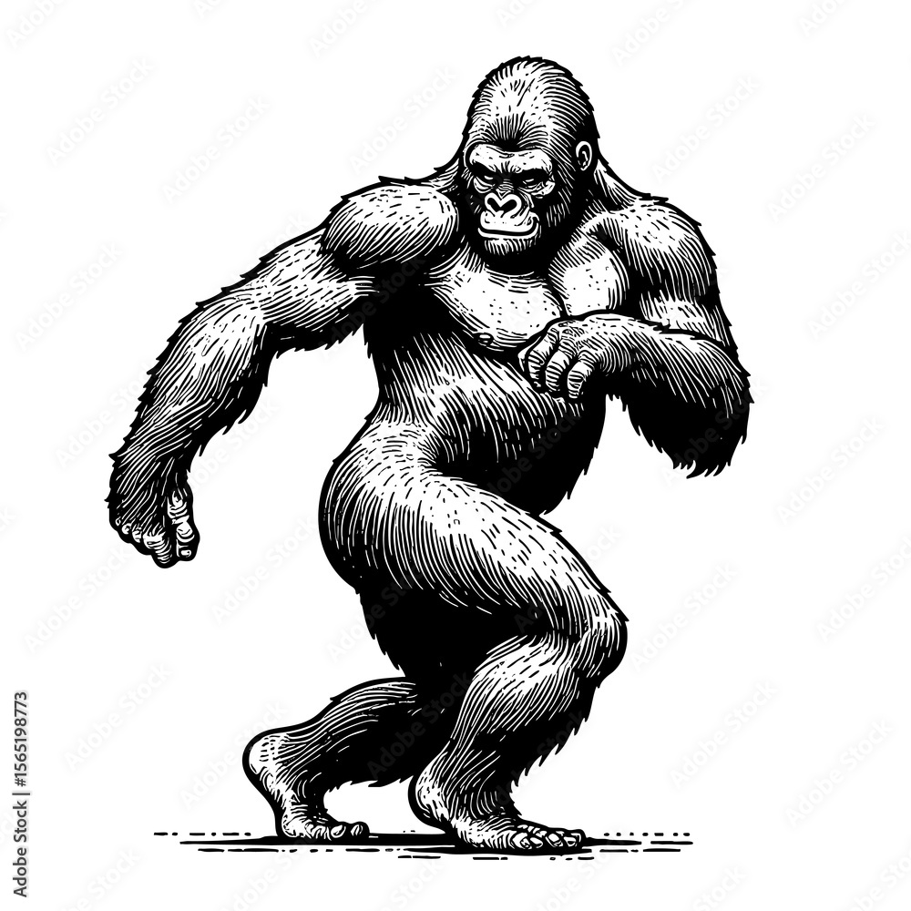 Fototapeta premium gorilla dancing sketch engraving generative ai fictional character PNG illustration. Scratch board imitation. Black and white image.