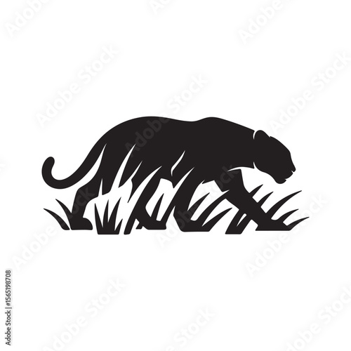 Silhouette of a panther walking through tall grass in a black and white illustration