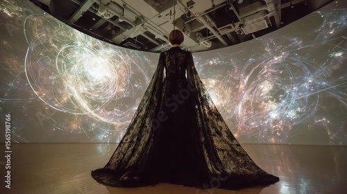 An individual stands at the room's midpoint, enveloped by an engaging presentation of digital art that is projected onto the walls, which are resplendent in a dazzling spectrum of colors, thereby
