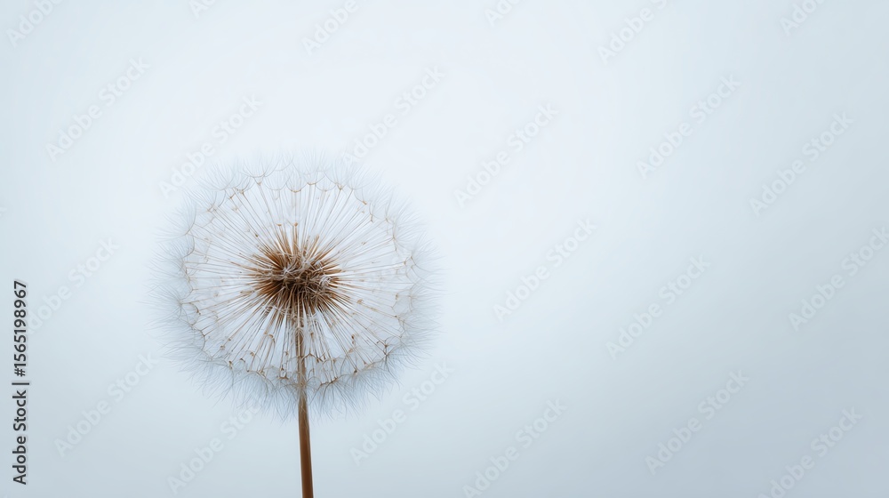 Fototapeta premium A close-up of a delicate dandelion seed head against a pale background, highlighting its fine, intricate details and soft textures.
