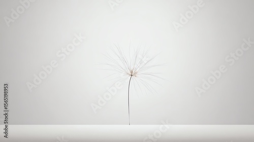 A single delicate dandelion seed stands upright against a plain white background, emphasizing simplicity and minimalism.