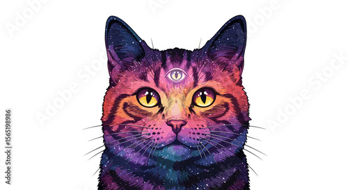 Third Eye Cat with Galaxy Fur — Pop Art Digital Illustration on White Background
