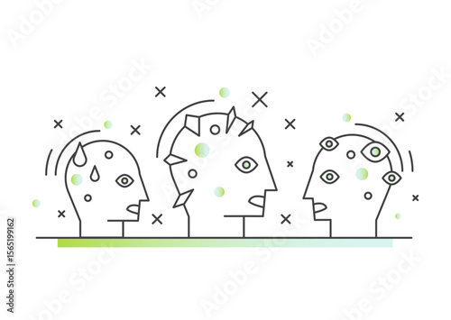 Mental health concept with depression, anxiety, intrusive thoughts, hypervigilance, and paranoia. Brain, emotional distress, fear, confusion, and mood imbalance in outline vector style