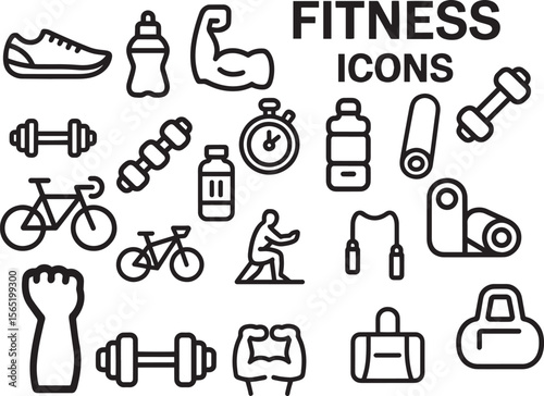 Athletic equipment and exercise icons fitness black