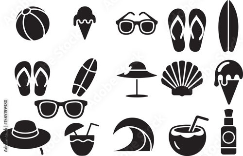 Beach vacation icons including ball sunglasses flip flops surfboard ice cream drinks and hat summer travel