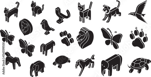 Black isometric animal collection lion bird