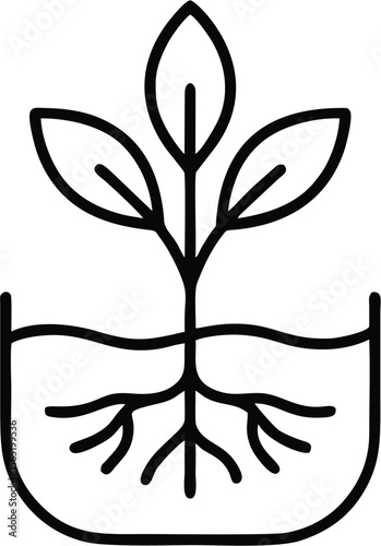 Hydroponics store monoline vector design, continuous line drawing of roots and sprouts, elegant eco-tech aesthetic ideal for natural branding.
