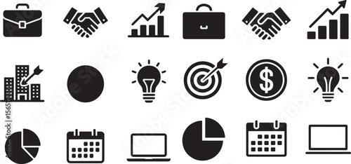 Business icons briefcase handshake graph buildings lightbulb target dollar coin pie chart calendar laptop