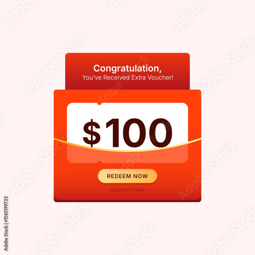 $100 Voucher Coupon Banner Design with Bonus Reward Message and Redeem Now Button, Modern Flat Style Red Background for Special Offer, Cashback, or Gift Campaigns