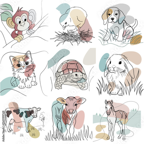 Illustrative collage of various cute animals in playful poses  