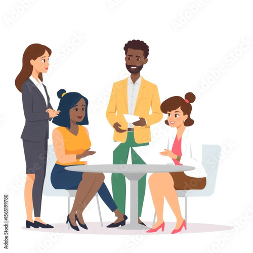 A small team of three team members are preparing training materials. One person is standing while the rest are seated, listening attentively.