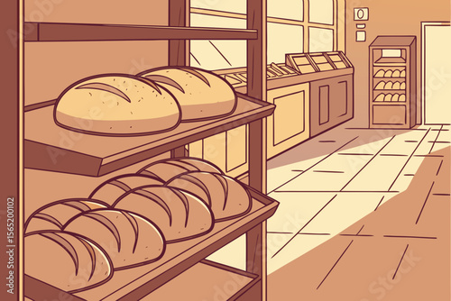 Freshly baked bread displayed on wooden shelves inside cozy bakery shop