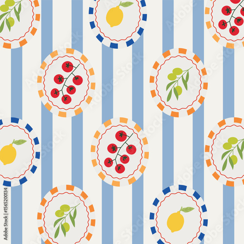 Vintage Mediterranean seamless pattern with crabs, lemon, tomatoes, olives and lobsters in circular frames on Stripes. Coastal summer marine print for fabric, wrapping paper, and beach decor.