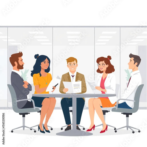 A group of five staff are discussing performance reviews. They are in a modern workspace with glass walls and open layouts.