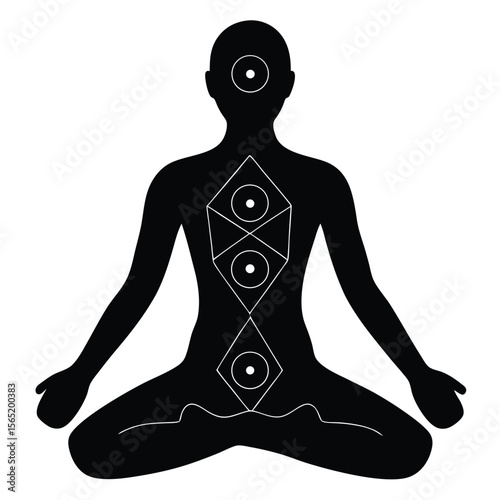 Silhouette of a person meditating with chakras aligned and illuminated in white