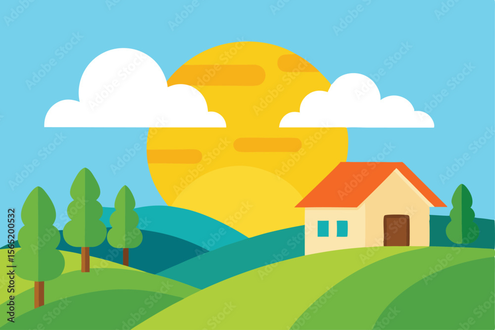 Fototapeta premium Sunny Day Countryside Landscape House on Rolling Hills Illustration