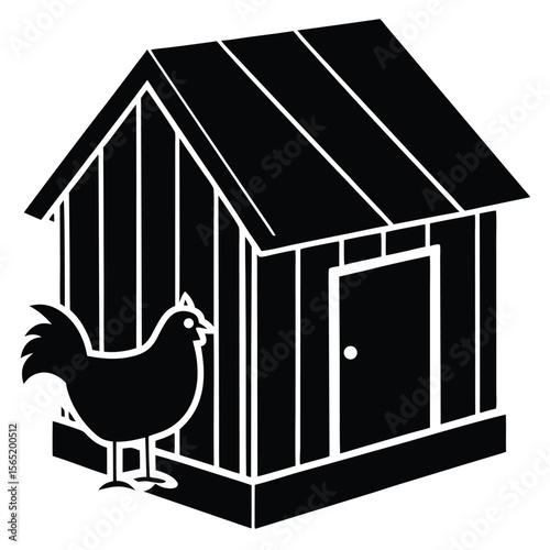 Simple black and white icon of a chicken standing next to a wooden chicken coop