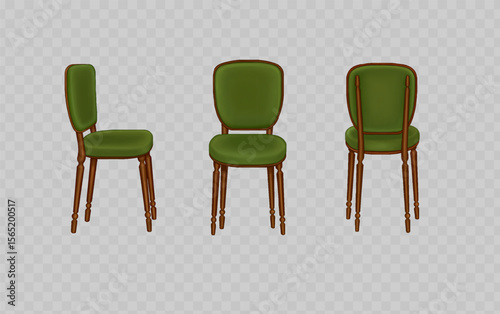Wooden chair with green velvet upholstery on transparent background for cafe, restaurant, dining room, living room, office, interior, rest. Vector illustration.