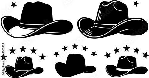 Western cowboy hat collection with stars decorative black silhouettes various styles ranch rodeo headwear design elements for americana themes