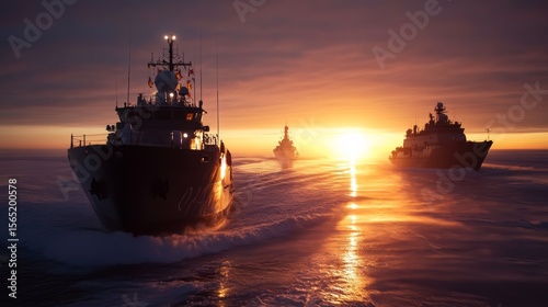 Arctic twilight illuminating ships as they conduct a classified military maneuver