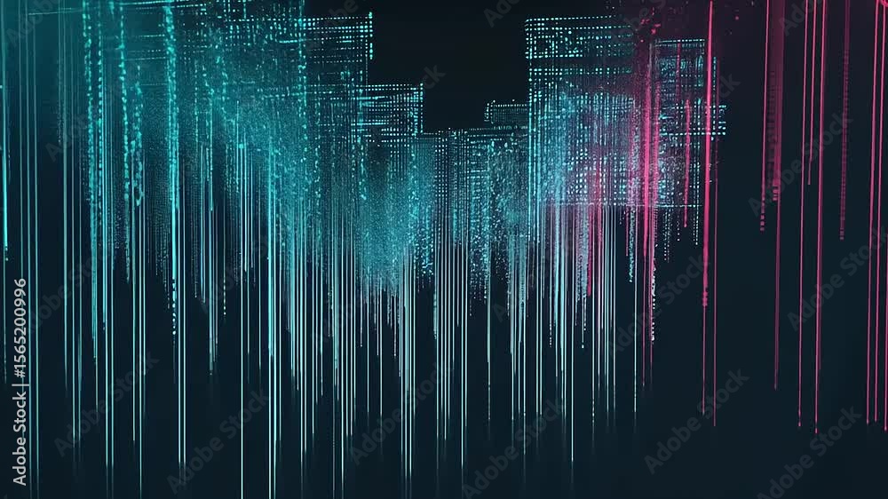 Digital city skyline with turquoise and pink data streams on dark background
