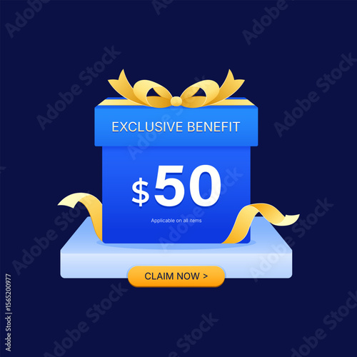 Exclusive Blue Gift Box Coupon Banner with $50 Benefit and Golden Ribbon, Modern Flat Gradient Style for Reward Program, Digital Voucher, Loyalty Campaign or Promo