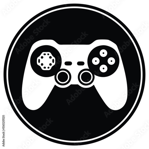 Black and white icon of a video game controller inside a circle