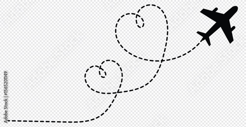 Airplane line path vector icon of air plane flight route with start point and dash dotted line trace. Love travel route. Airplane routes. Travel vector icon.