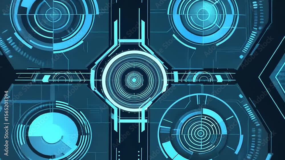 Abstract tech backdrop with circular, hexagonal interface elements and circuit-like details