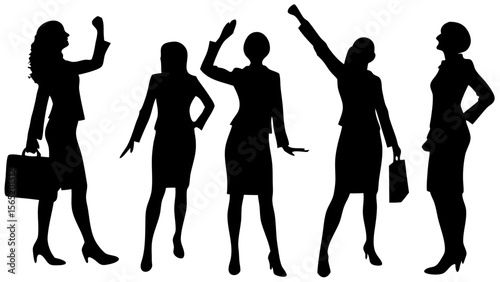 Vector silhouette illustration of businesswomen in various professional poses. Includes standing, walking, presenting, using devices. Ideal for corporate, teamwork, or office design projects.