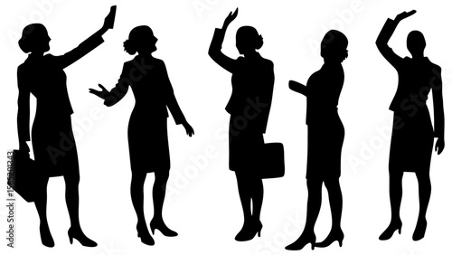 Vector silhouette illustration of businesswomen in various professional poses. Includes standing, walking, presenting, using devices. Ideal for corporate, teamwork, or office design projects.