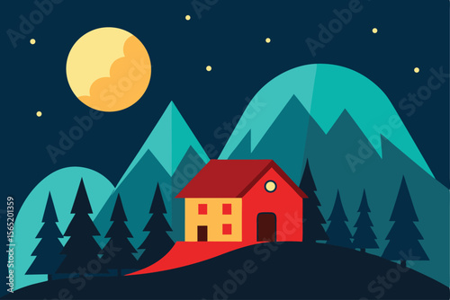 Serene Nighttime Mountain House Peaceful Landscape Illustration