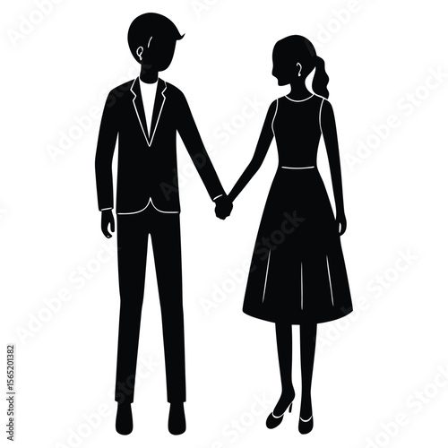 Couple holding hands dressed formally in black silhouette against white background