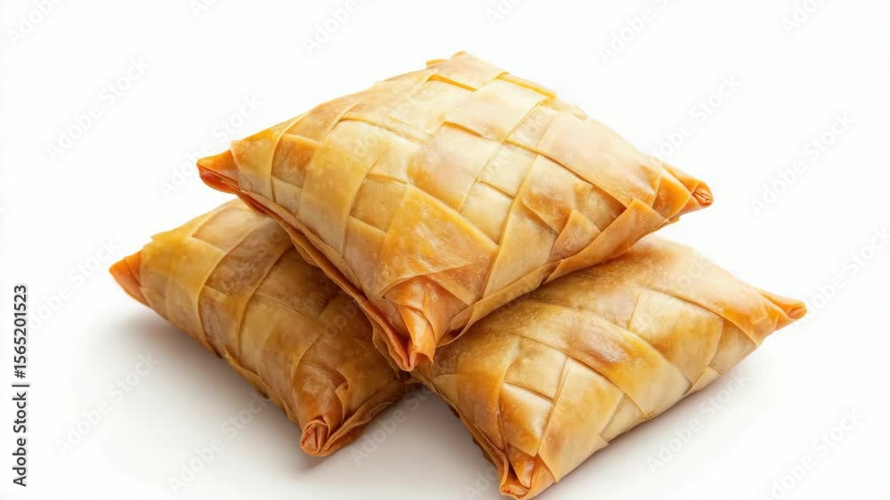 Three triangular bite-sized samosas with a golden-brown crust, filled with spiced potatoes and peas, ideal for sharing as an appetizer or snack. Typical of South Asian cuisine.