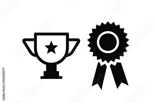Simple black icons of a trophy cup with a star and a rosette ribbon award on white background