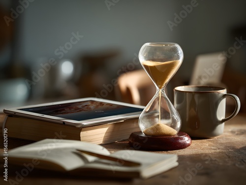 intentional living still life with unplugged tablet, notepad, and hourglass