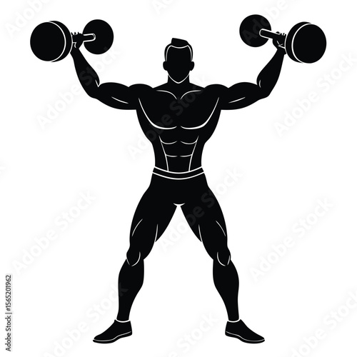 Muscular man silhouette lifting dumbbells in a gym workout pose