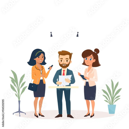 A small team of three executives are setting up for a trade show. The atmosphere is professional yet relaxed.