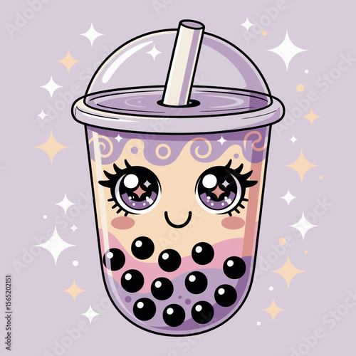 A cute, cartoon-style boba tea cup features an adorable face with bright eyes and a smiling expression